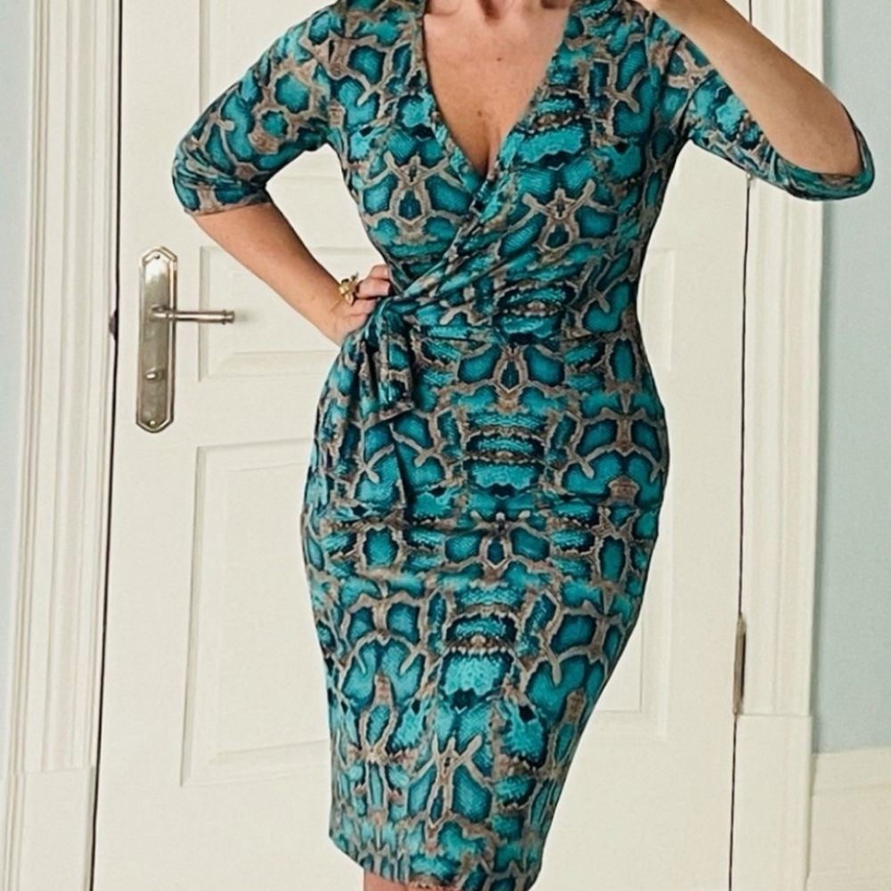 Turquoise snake print wrap dress